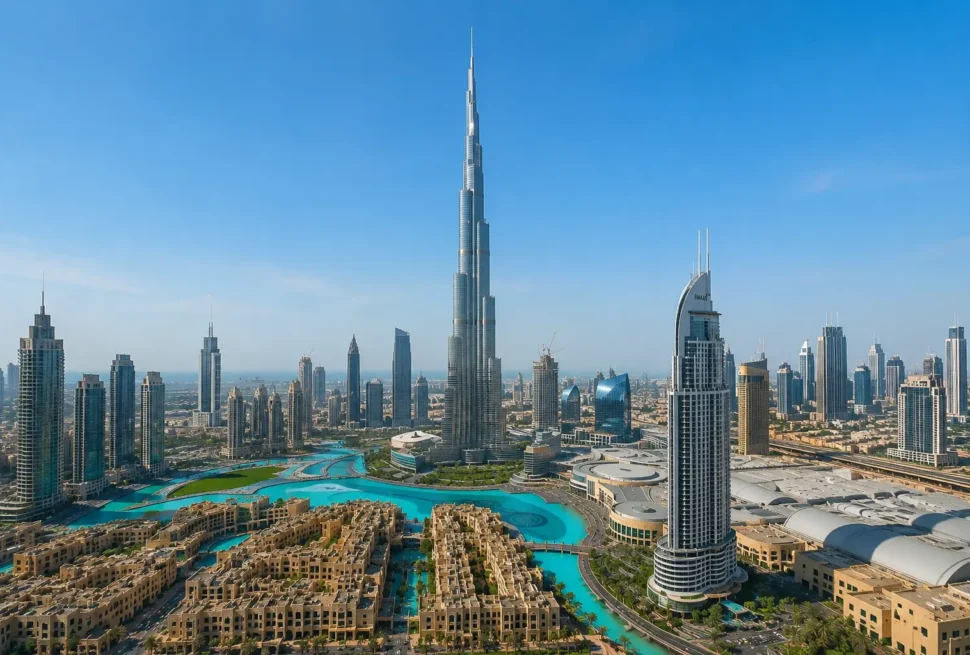 Burj Khalifa and Dubai skyline with modern skyscrapers
