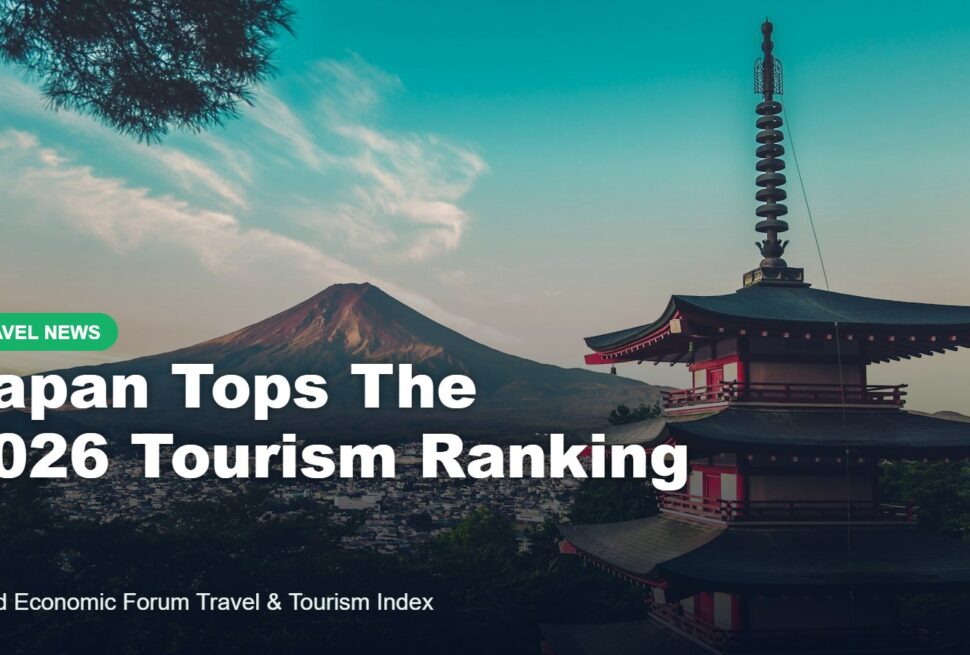 Japan Ta Samu Mafi Girma a Cikin 2026 Travel & Tourism Development Index 10 Red pagoda with Mount Fuji in the distance in Japan